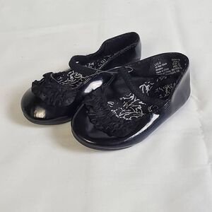 George Baby Girl Mary Jane Dress Shoes Size 5 Black Patent Ruffle Strap Flats